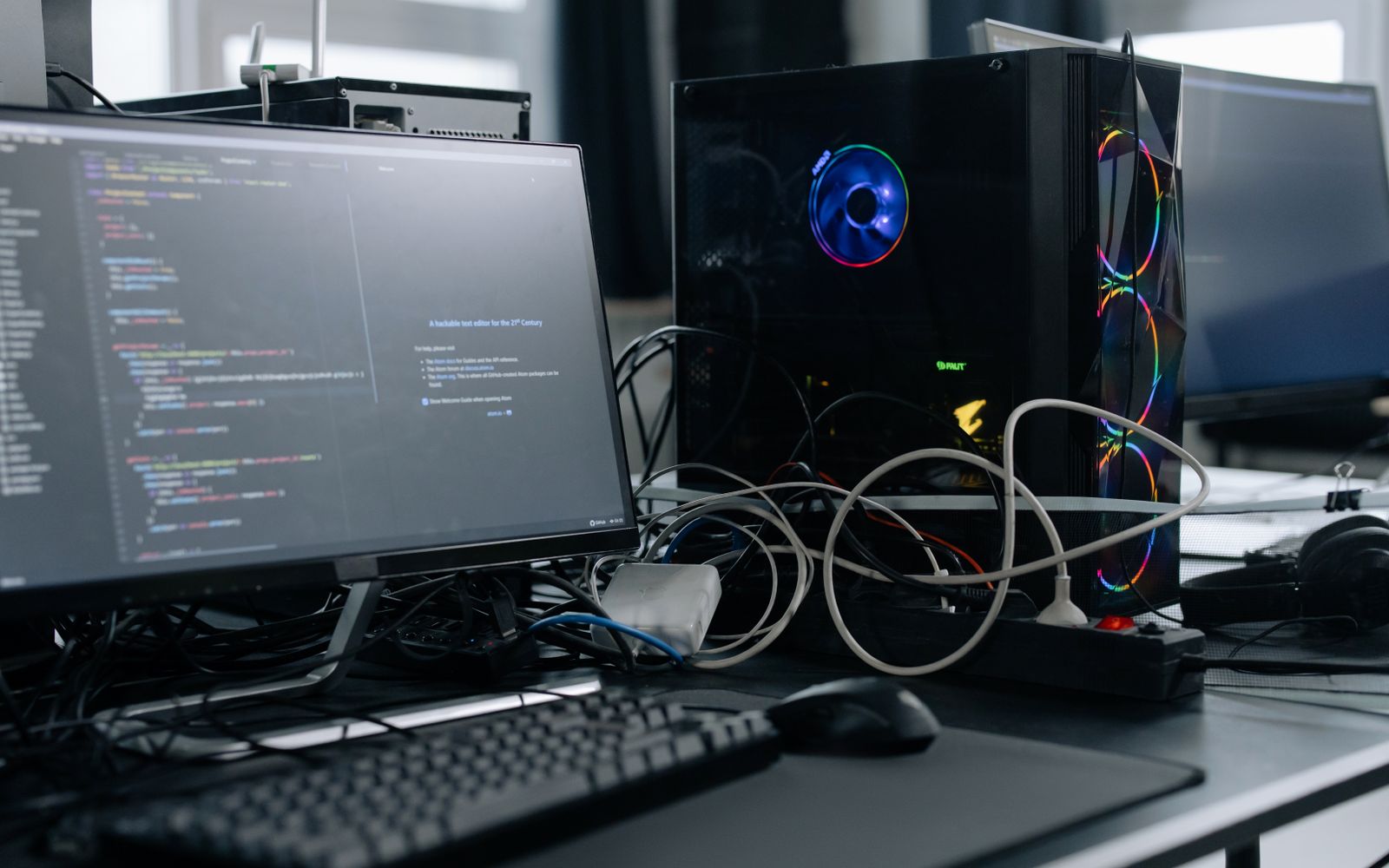 Um ambiente de trabalho moderno com um monitor de computador exibindo código, uma torre de computador e periféricos
