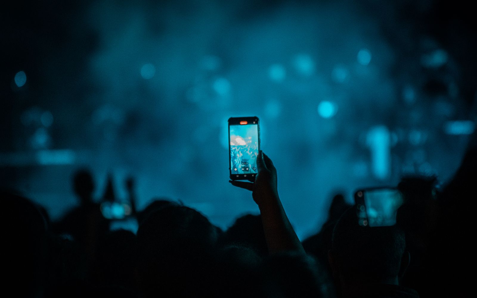 Pessoa em um show capturando o momento com celulares, atmosfera vibrante