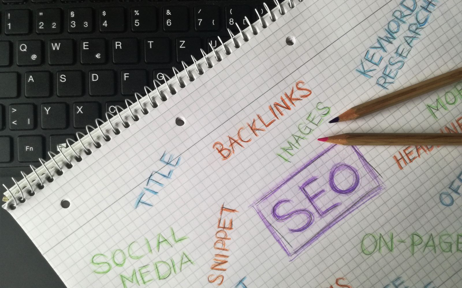 Caderno com anotações de SEO e palavras-chave