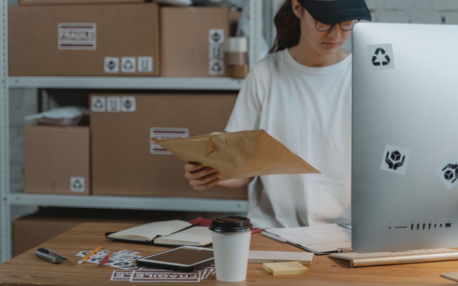 Mulher separando encomendas na mesa de um escritório de logística