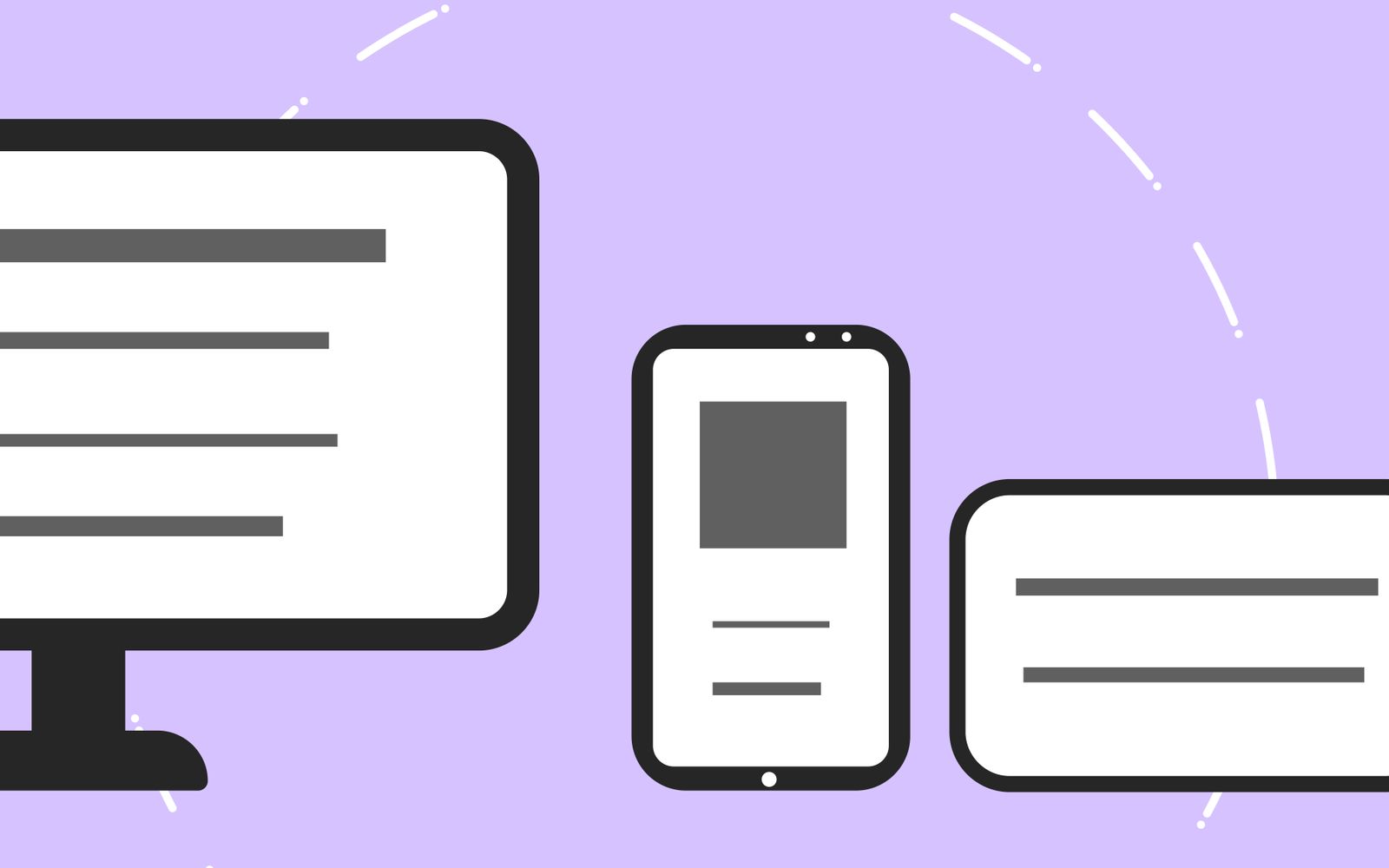 Ilustração de celular, monitor e cartão de crédito sobre fundo roxo